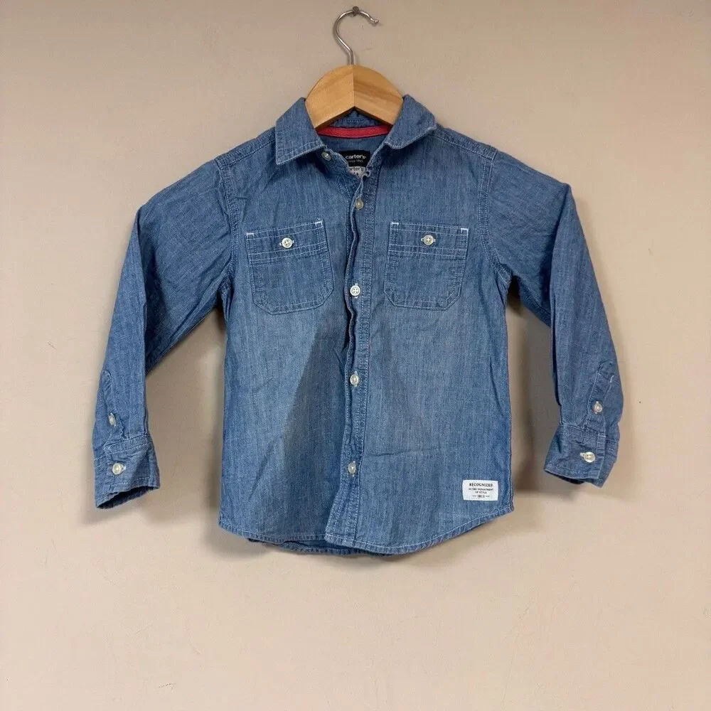 Denim Top Boys 4T Shirt Blue Button Up Long Sleeve Preppy Classic School Fall